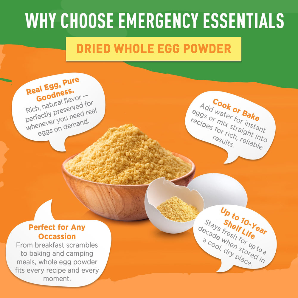 Emergency Essentials egg powder stored in a kitchen cabinet, reliable storage.