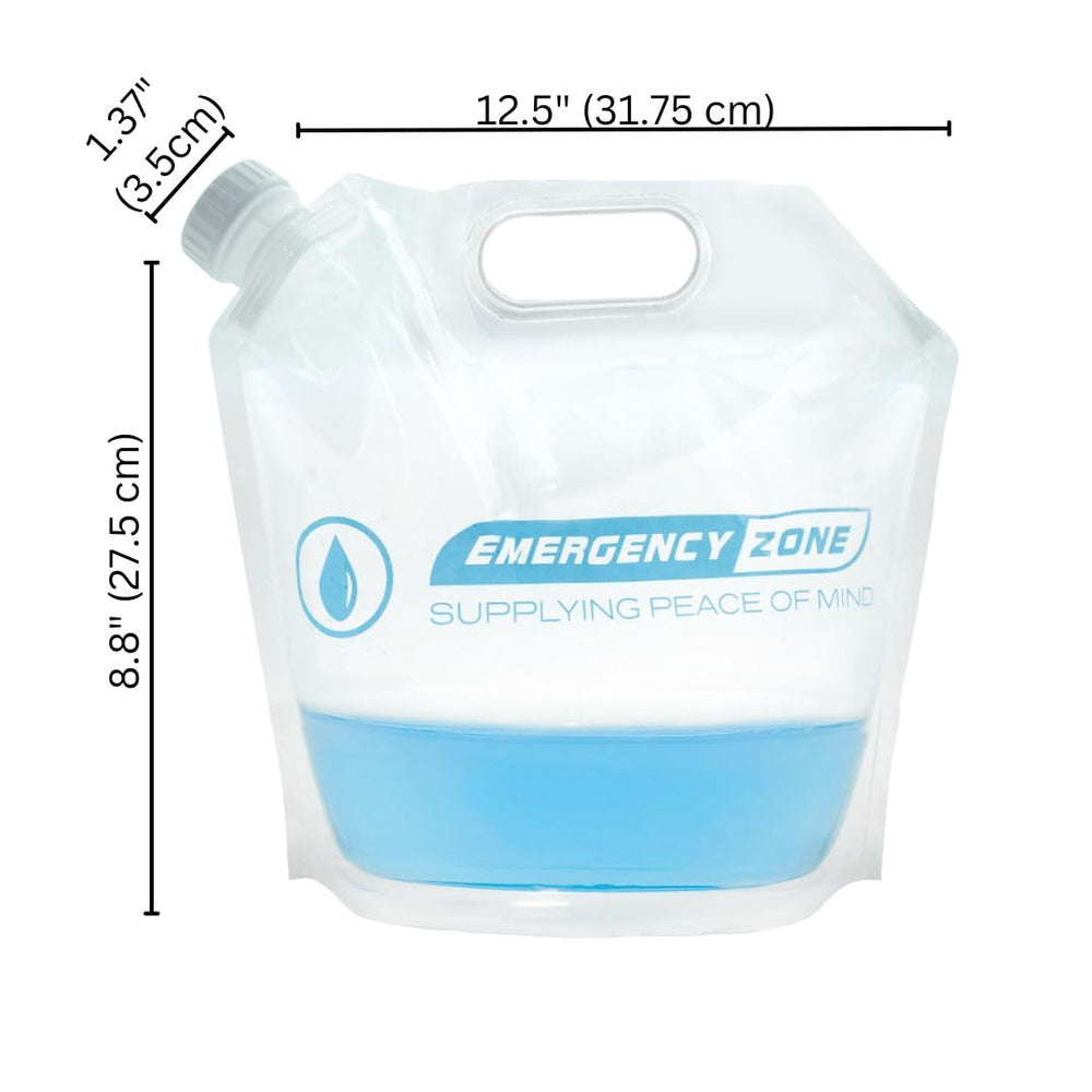 Emergency Zone 4L water pouch lies flat when empty for compact storage.