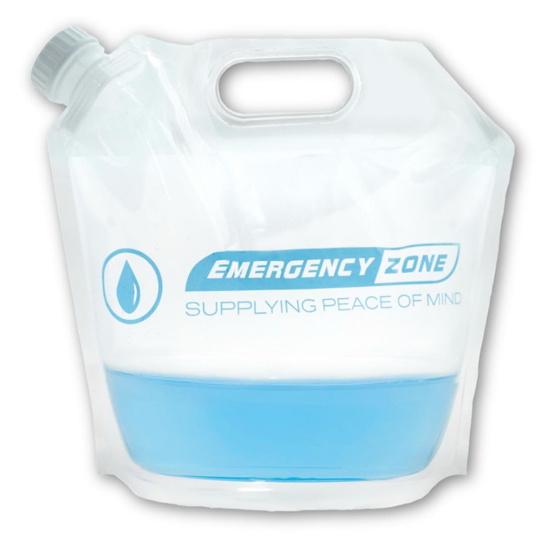 Emergency Zone 4L water pouch stands upright for easy filling and quick access.