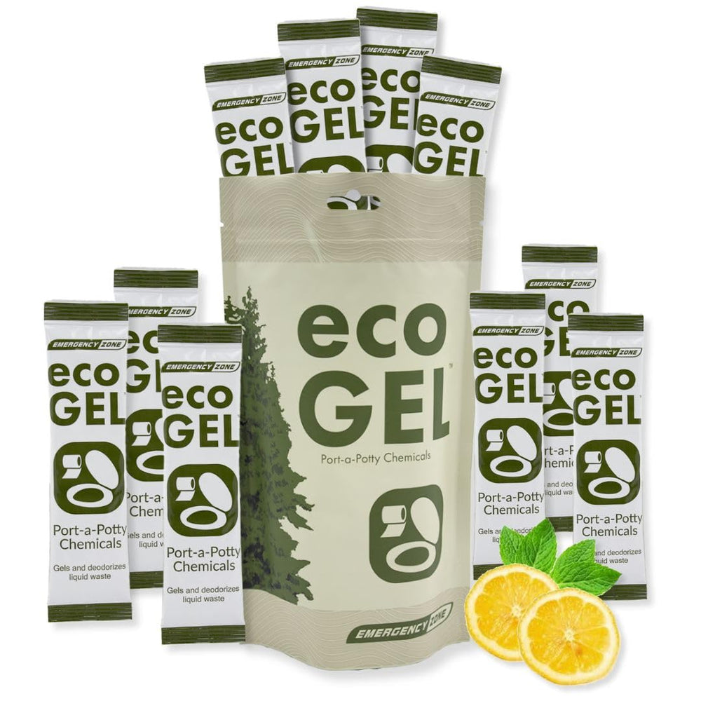 Emergency Zone Eco Gel Port-a-Potty pack solidifies liquid waste for easier handling.