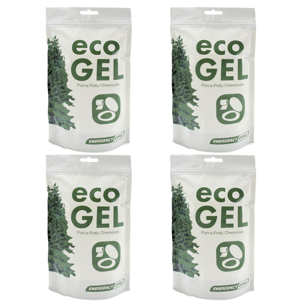 Emergency Zone Eco Gel Porta-Potty Pack packaging highlights mess-free waste management.