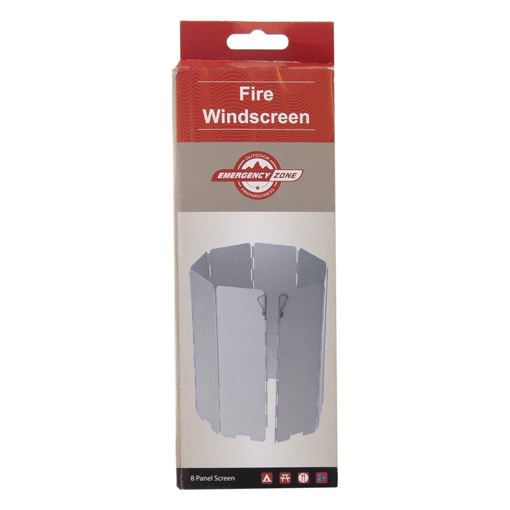 Emergency Zone folding camp stove windscreen folded around a compact stove for portable wind protection.