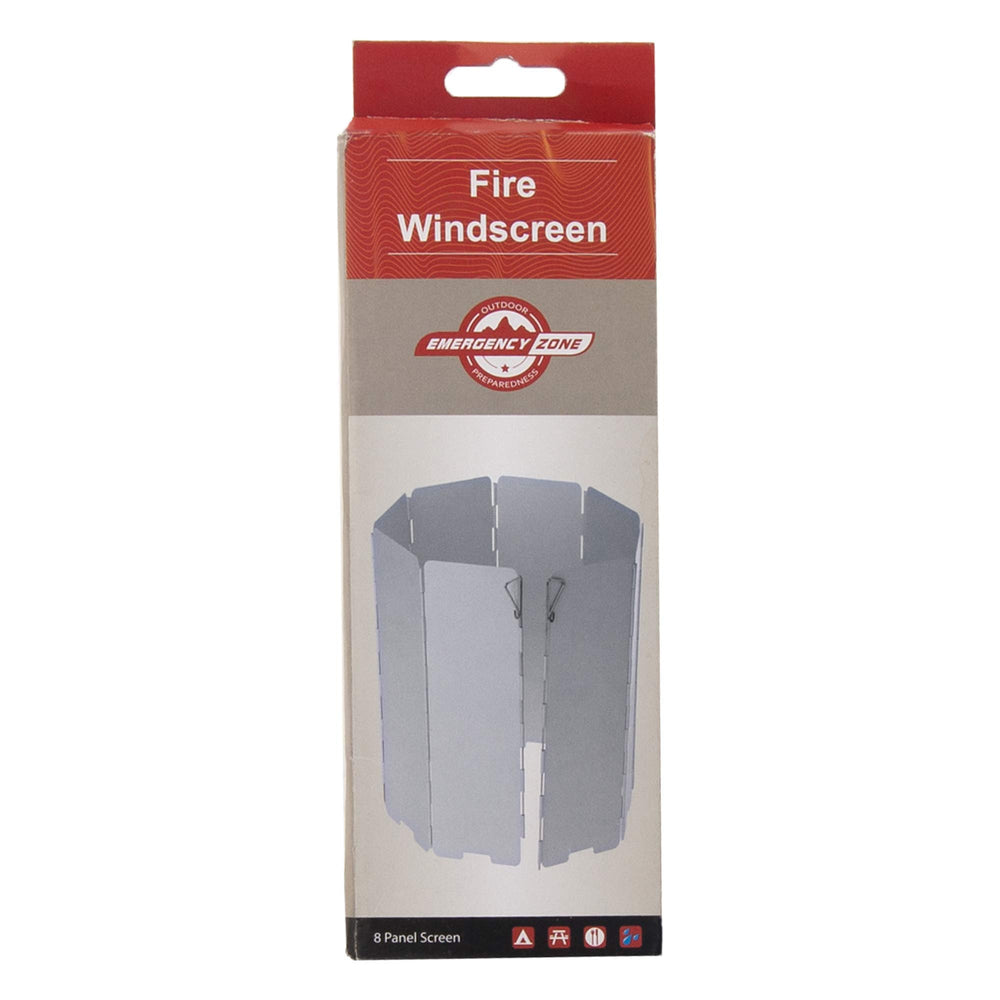 Emergency Zone folding camp stove windscreen folded around a compact stove for portable wind protection.