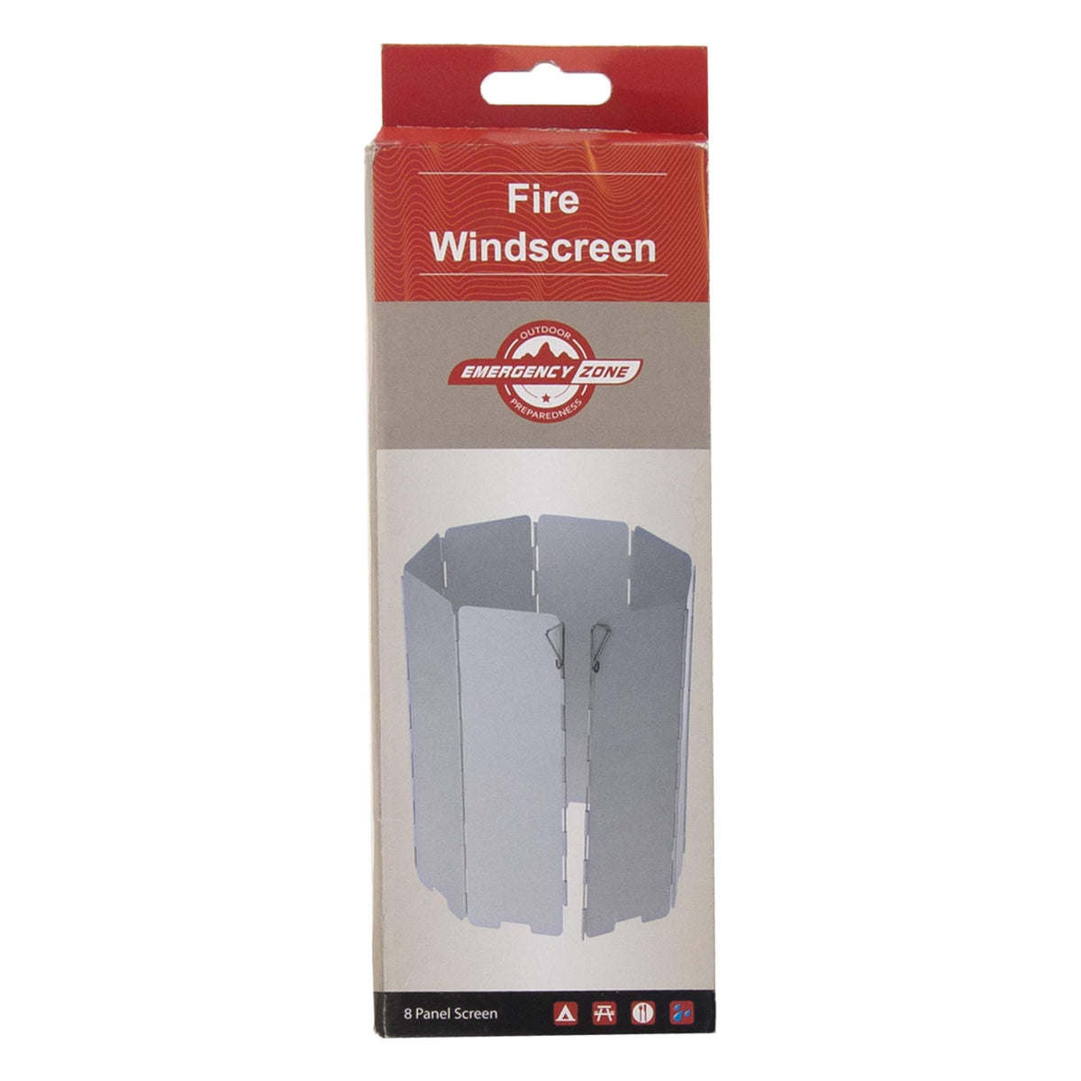 Emergency Zone folding camp stove windscreen folded around a compact stove for portable wind protection.