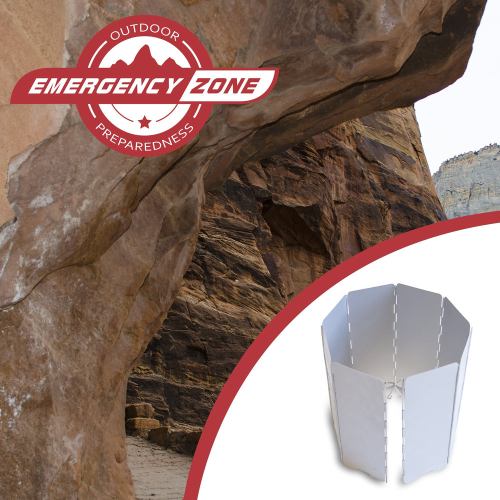 Emergency Zone windscreen supports heat direction toward cookware during outdoor cooking.