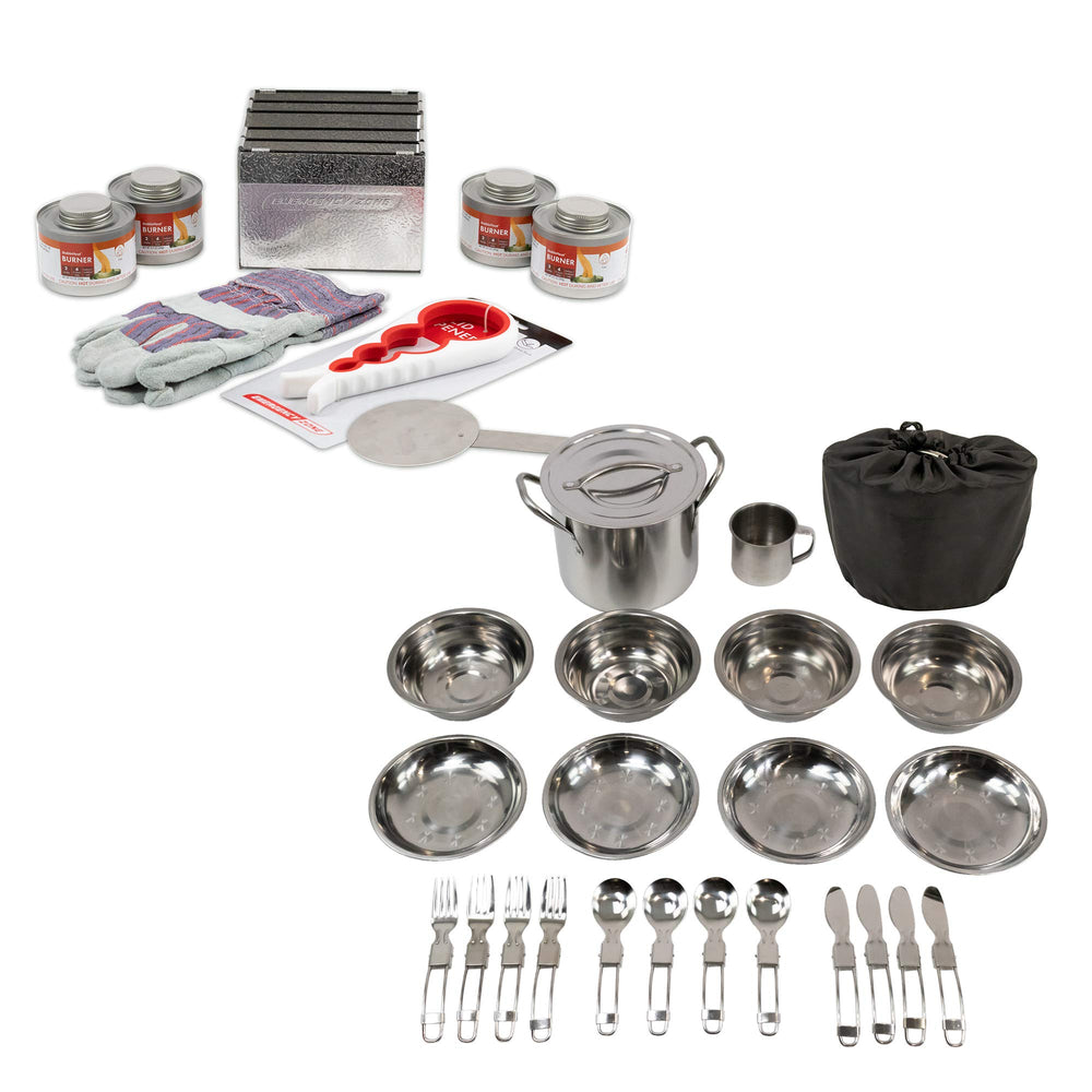 Emergency Zone four-can fuel storage set with foldable stove for field cooking.