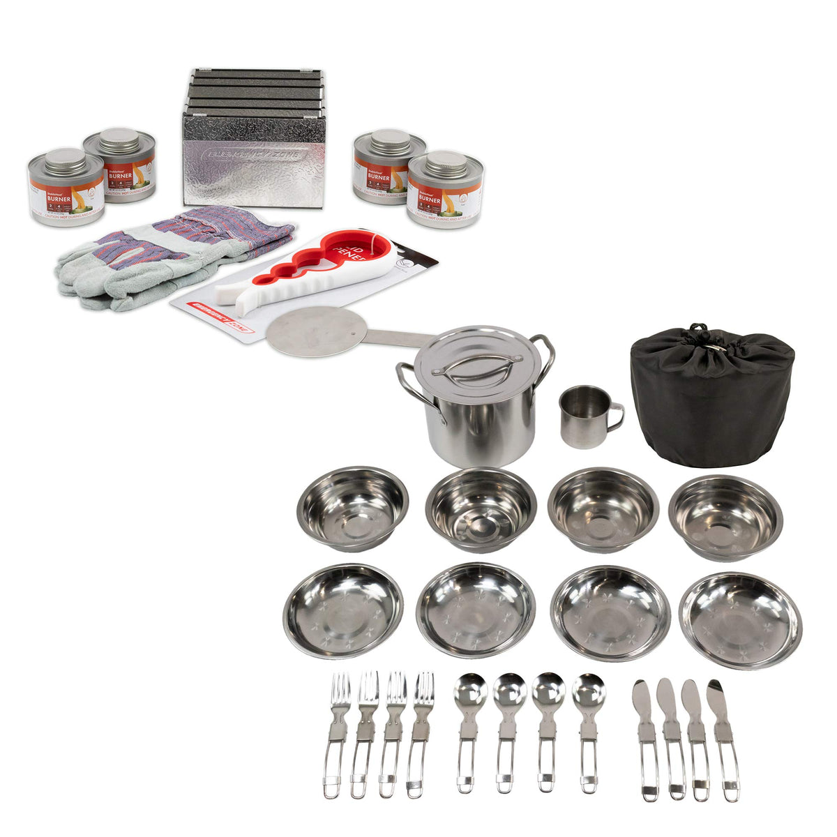 Emergency Zone four-can fuel storage set with foldable stove for field cooking.