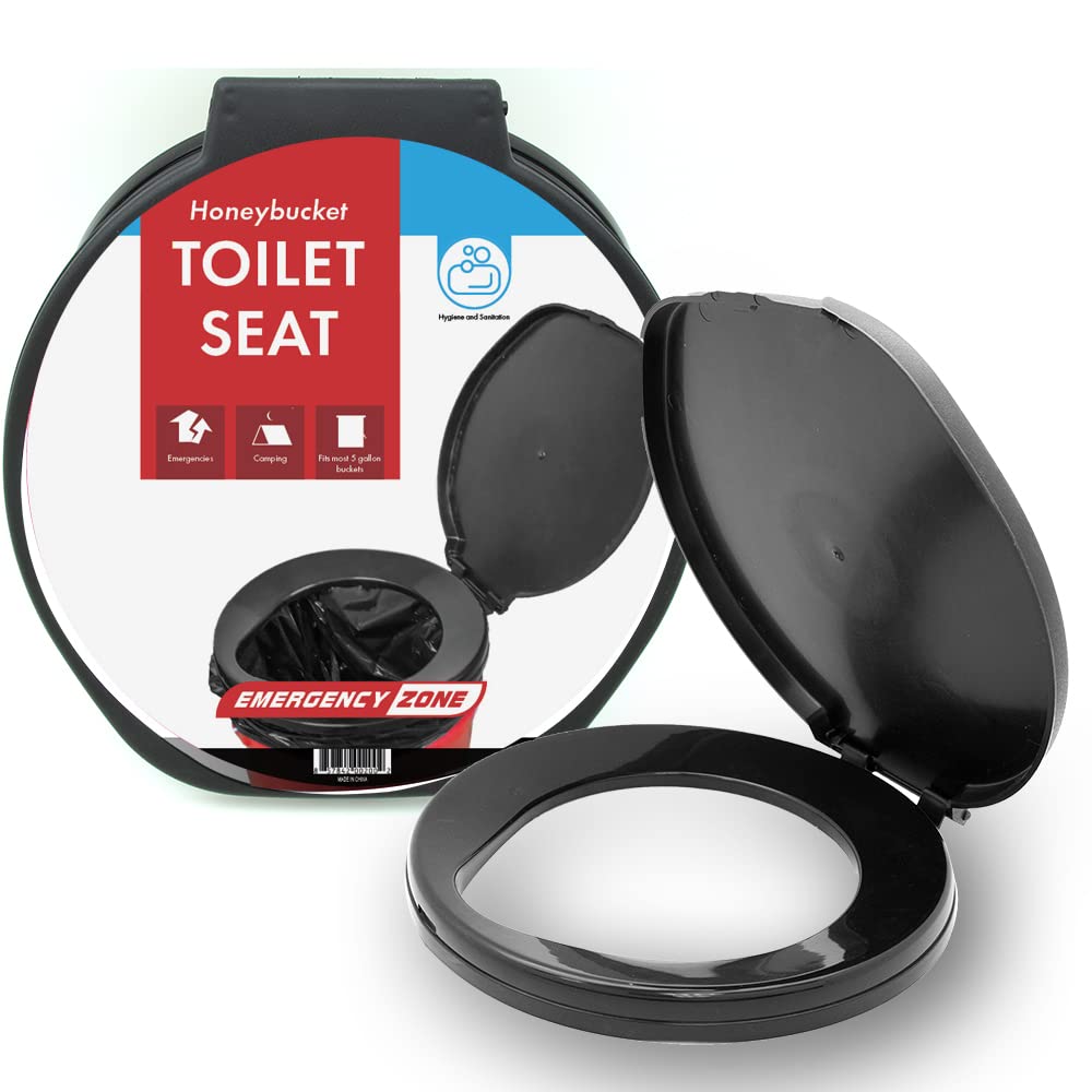 Emergency Zone Honey Bucket Seat back view shows quick snap-fit installation for portable use