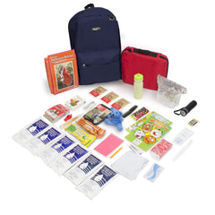 Emergency Zone Keep-Me-Safe Child Deluxe 72-Hr Kit navy backpack stocked for family safety.