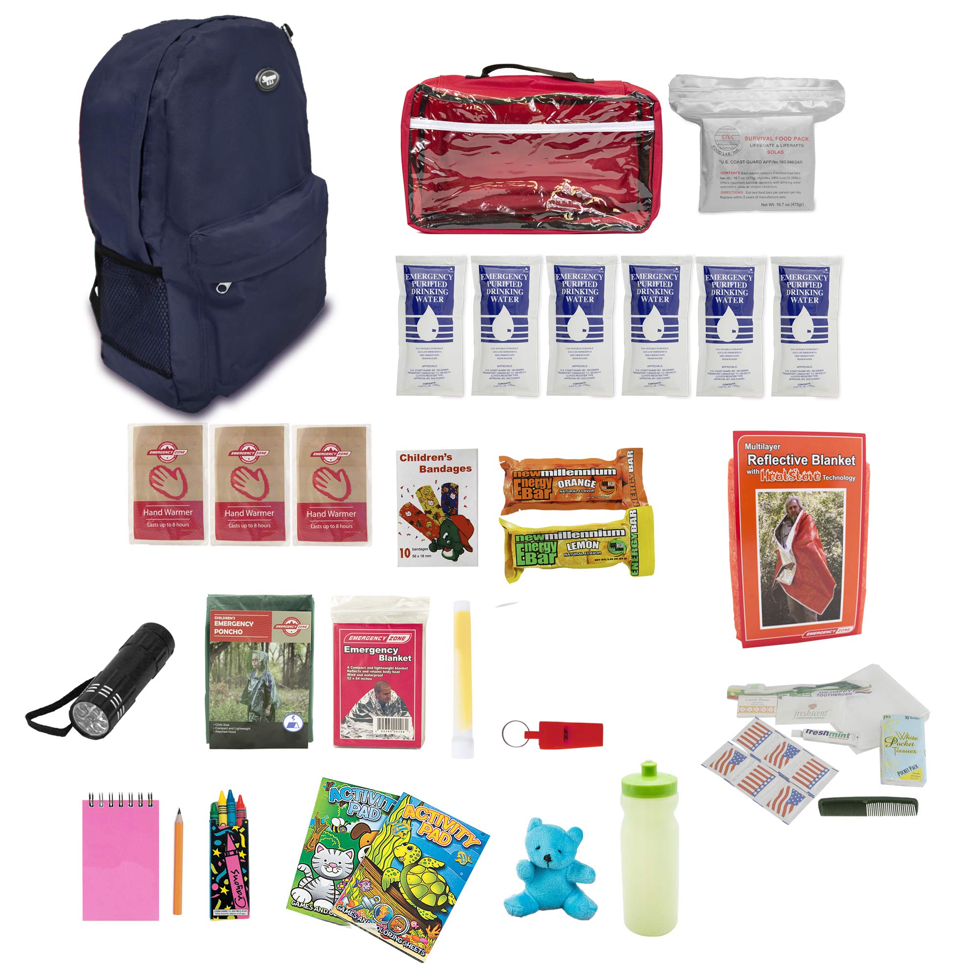 Emergency Zone Keep-Me-Safe Child Deluxe 72-Hr Kit navy SOS bars provide quick nourishment.