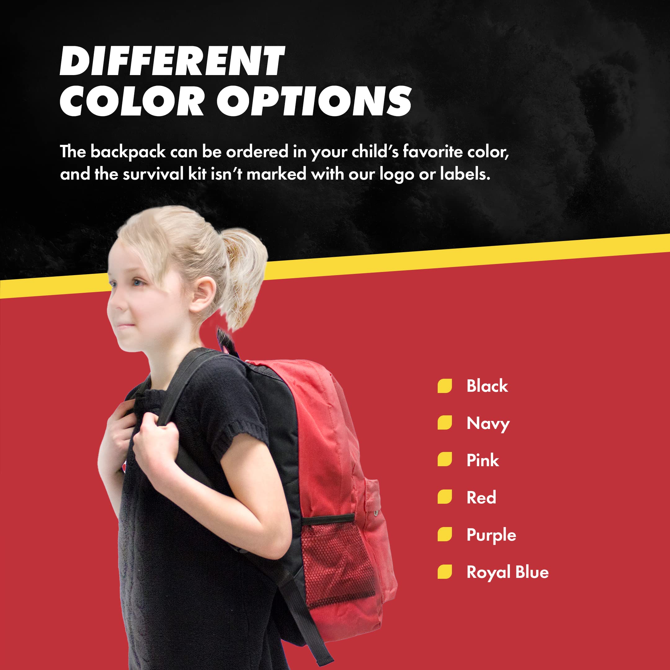 Emergency Zone Keep-Me-Safe red backpack closeup with quick access visibility