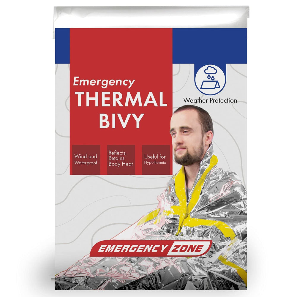 Emergency Zone thermal bivy bag packed for emergency kit warmth and compact storage.