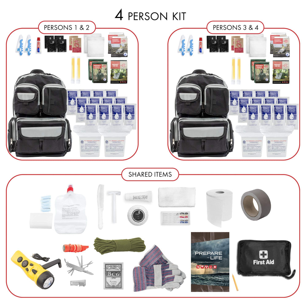 Emergency Zone bug out bag packaging case displays complete emergency food and water components