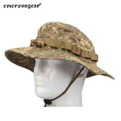 EMERSONGEAR boonie hat brim adjusted to shield ears and eyes in humid environments
