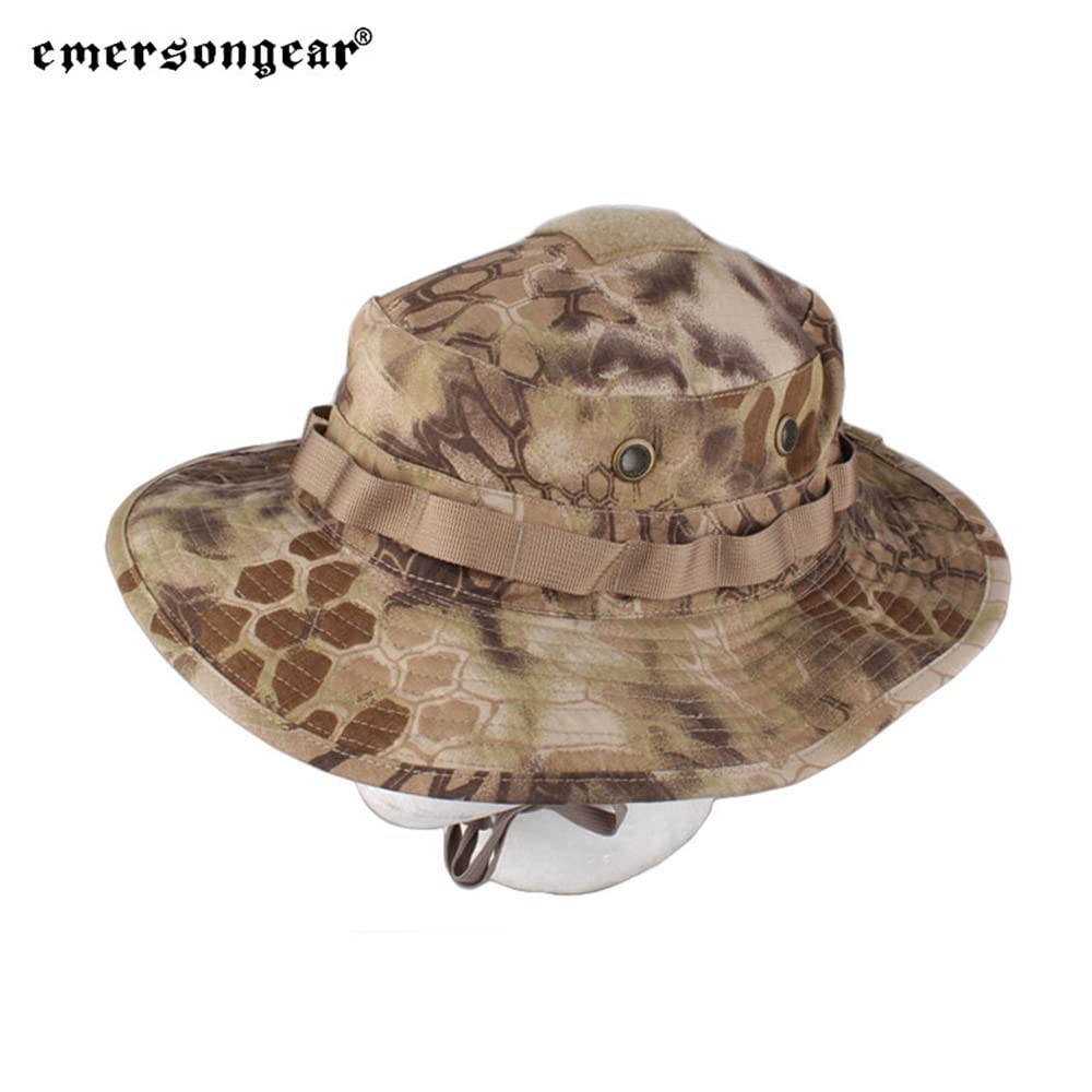 EmersonGear boonie hat brim adjusts to shield ears and eyes in humid environments.
