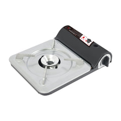 Emmliy butane stove with silver-black exterior, ready for quick outdoor meals.