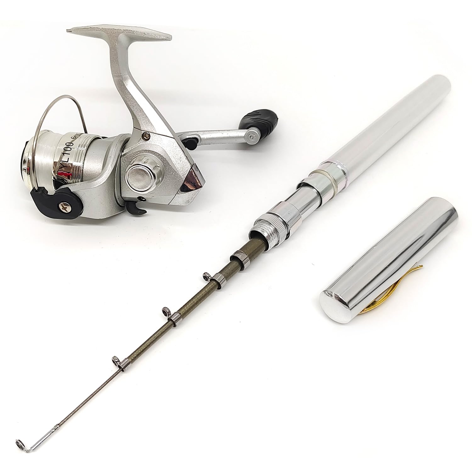 Mini spinning reel paired with compact pen-style fishing rod