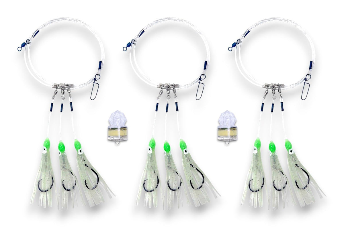 Tilefish rig 3-pack with 8/0 hooks and glow-in-the-dark squid