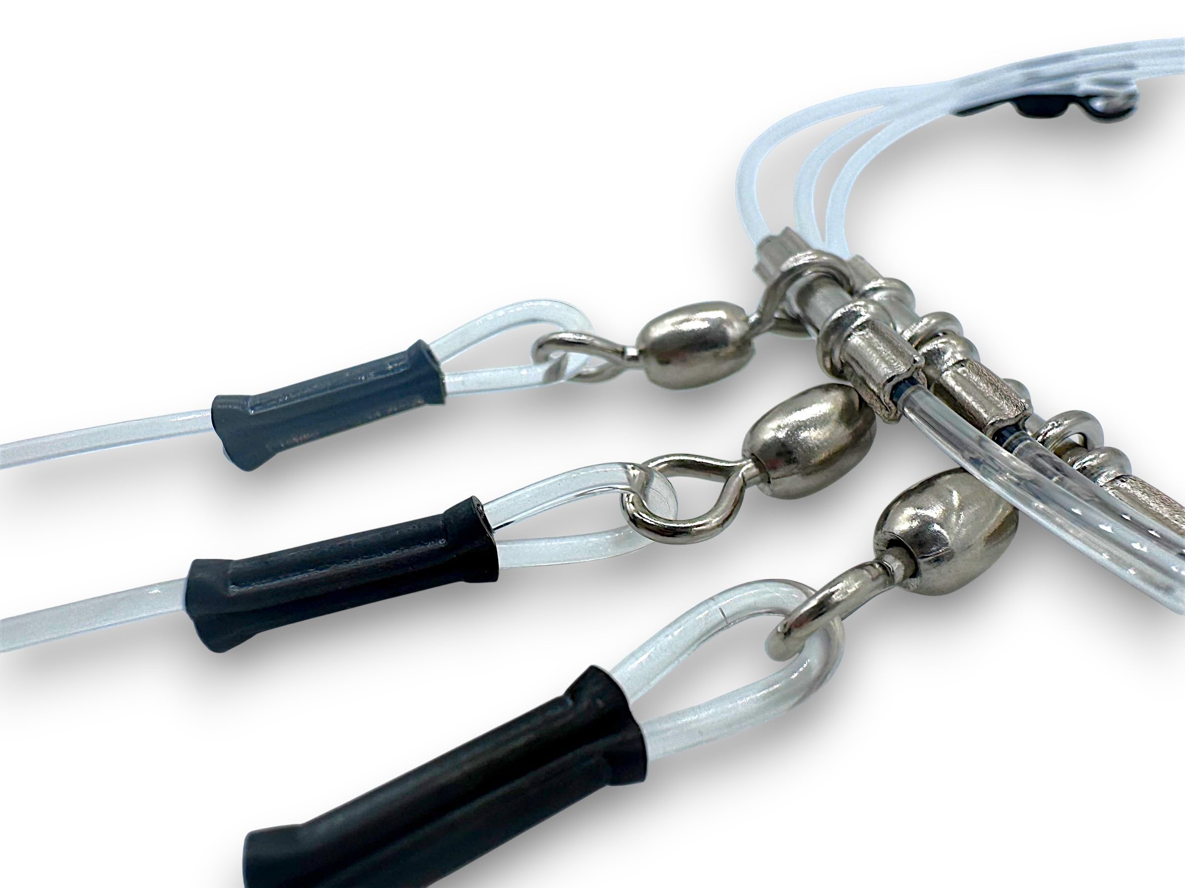 Close-up of the hooks with glow squid on the tilefish rig