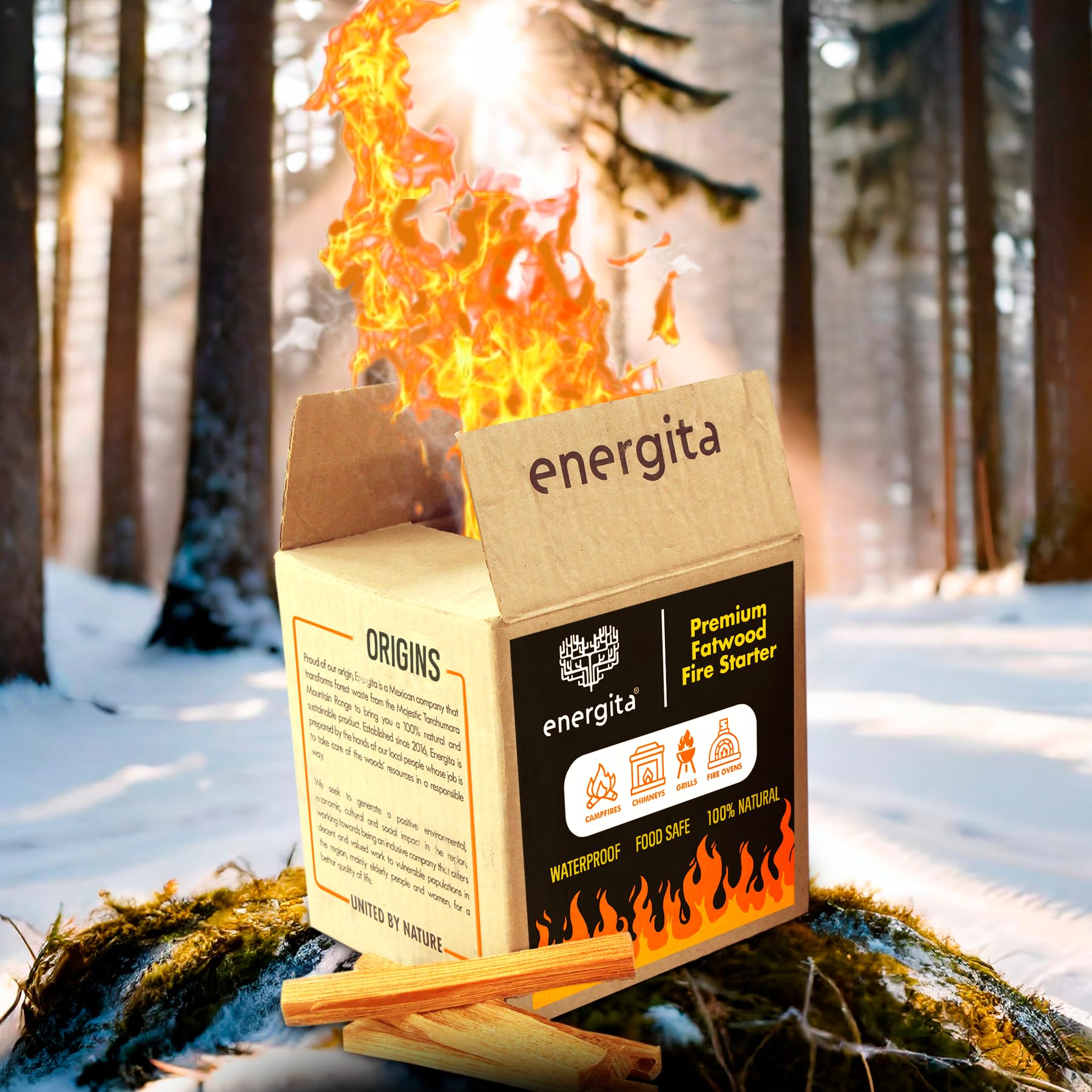 ENERGITA fatwood lighting sticks closeup showing resin-rich surface for easy ignition.