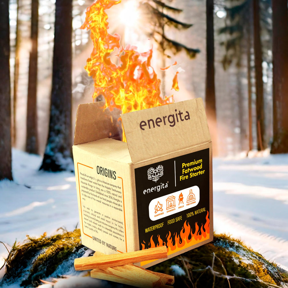 ENERGITA fatwood lighting sticks closeup showing resin-rich surface for easy ignition.