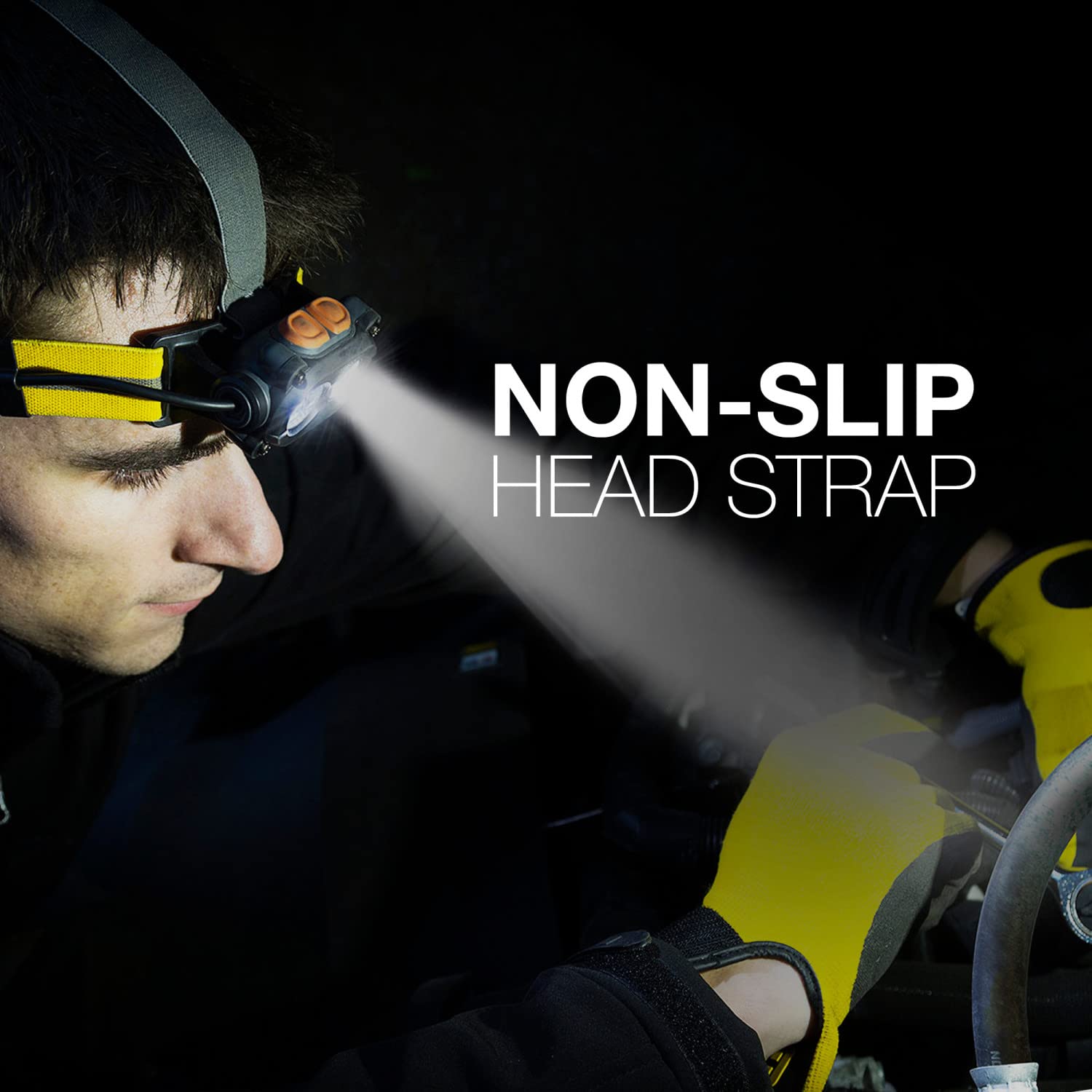 Energizer Hardcase Headlamp nonslip strap stays secure on helmets