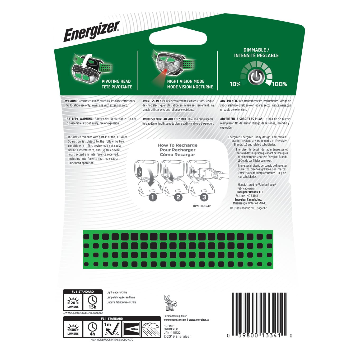 Energizer Vision headlamp includes micro-USB cable for convenient charging