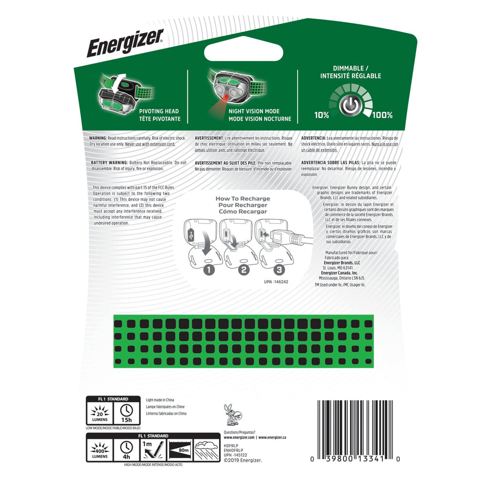 Energizer Vision headlamp includes micro-USB cable for convenient charging
