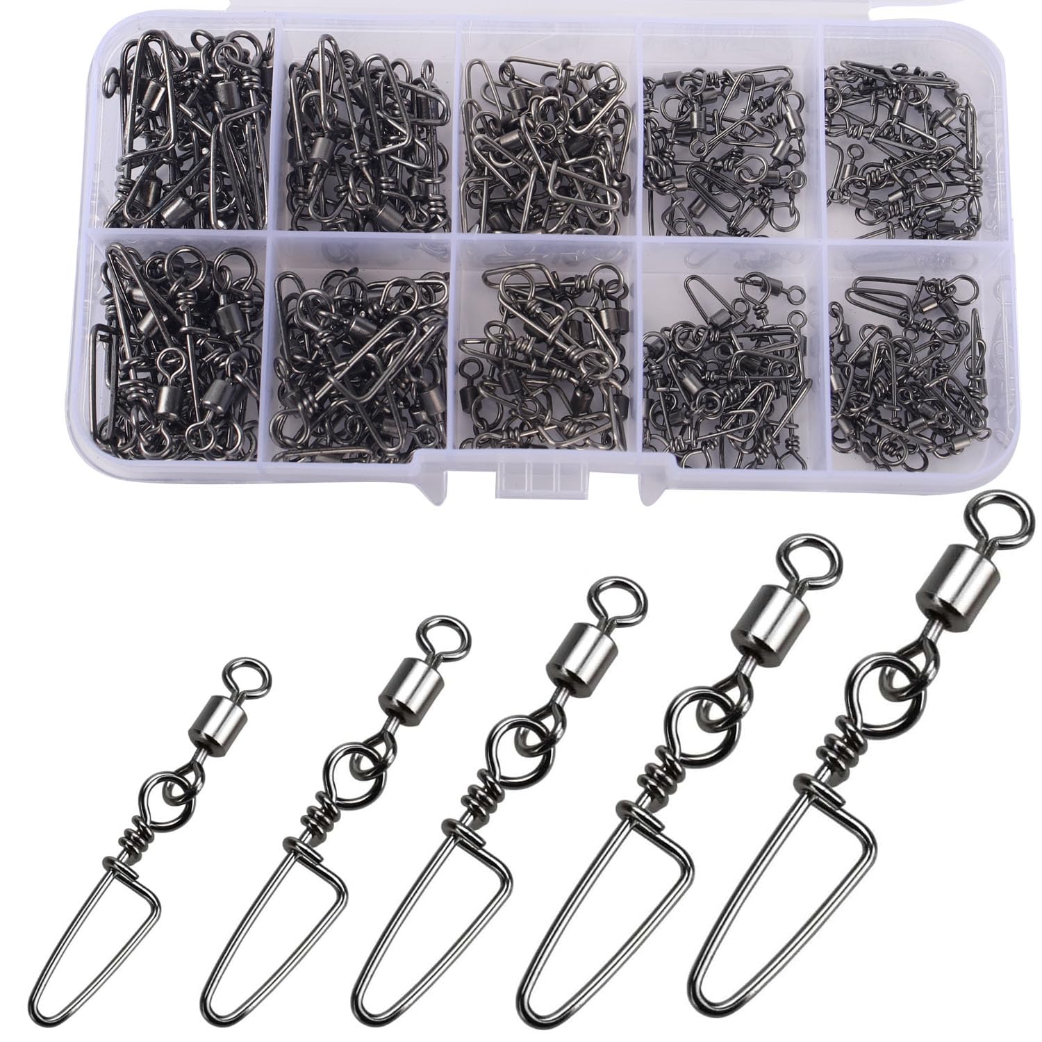ENERHIKE 150pcs fishing swivels in reusable plastic box