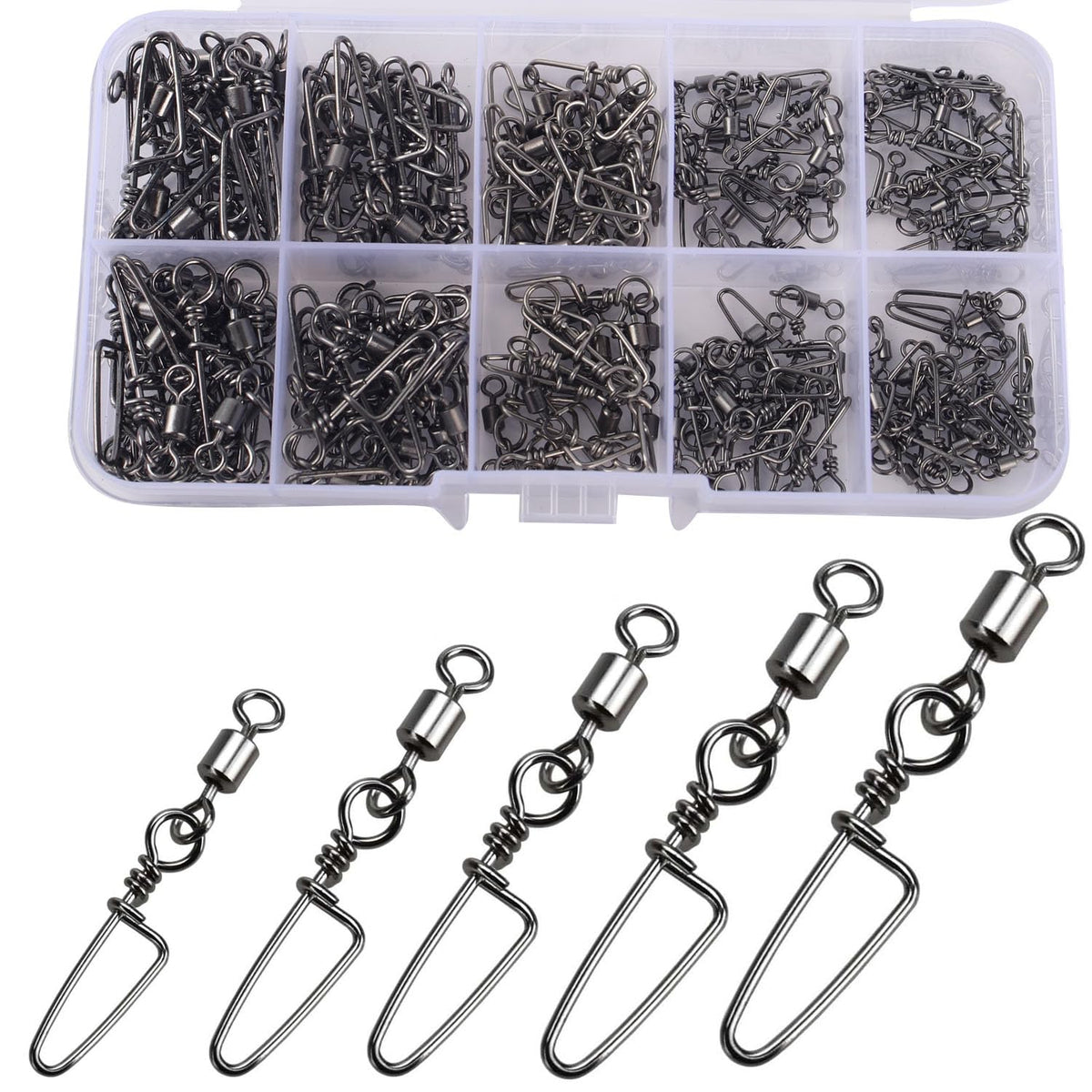 ENERHIKE 150pcs fishing swivels in reusable plastic box