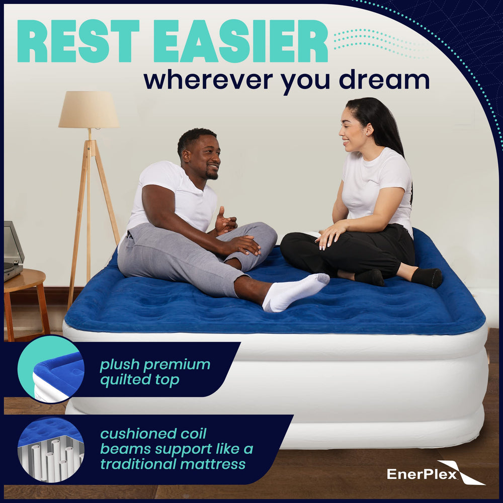 EnerPlex raised double-high queen bed fits overnight guests with bed-like height