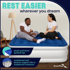 EnerPlex raised double-high queen bed fits overnight guests with bed-like height