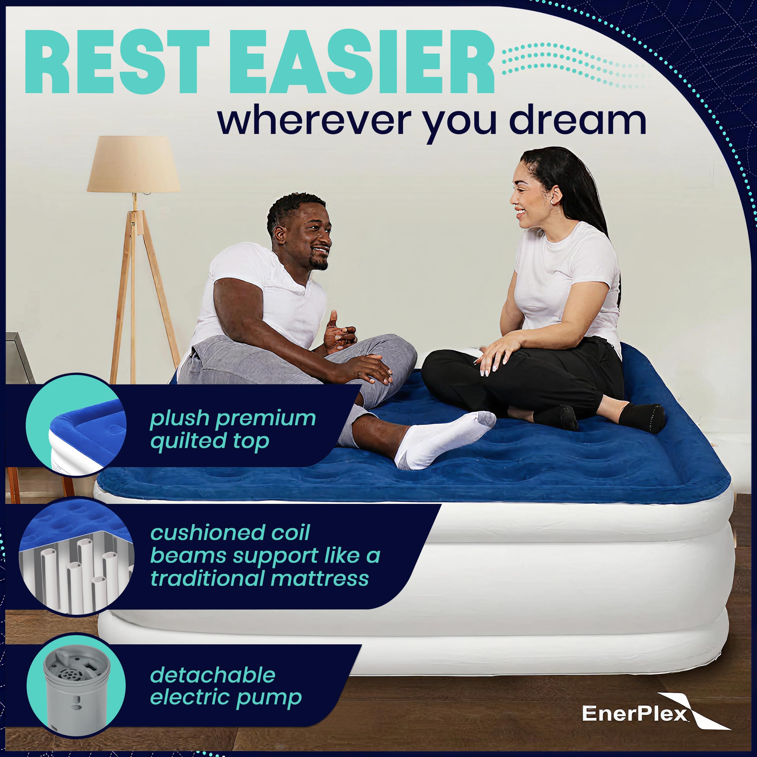 EnerPlex Twin Air Mattress detachable pump shown for quick inflation and portable setup.