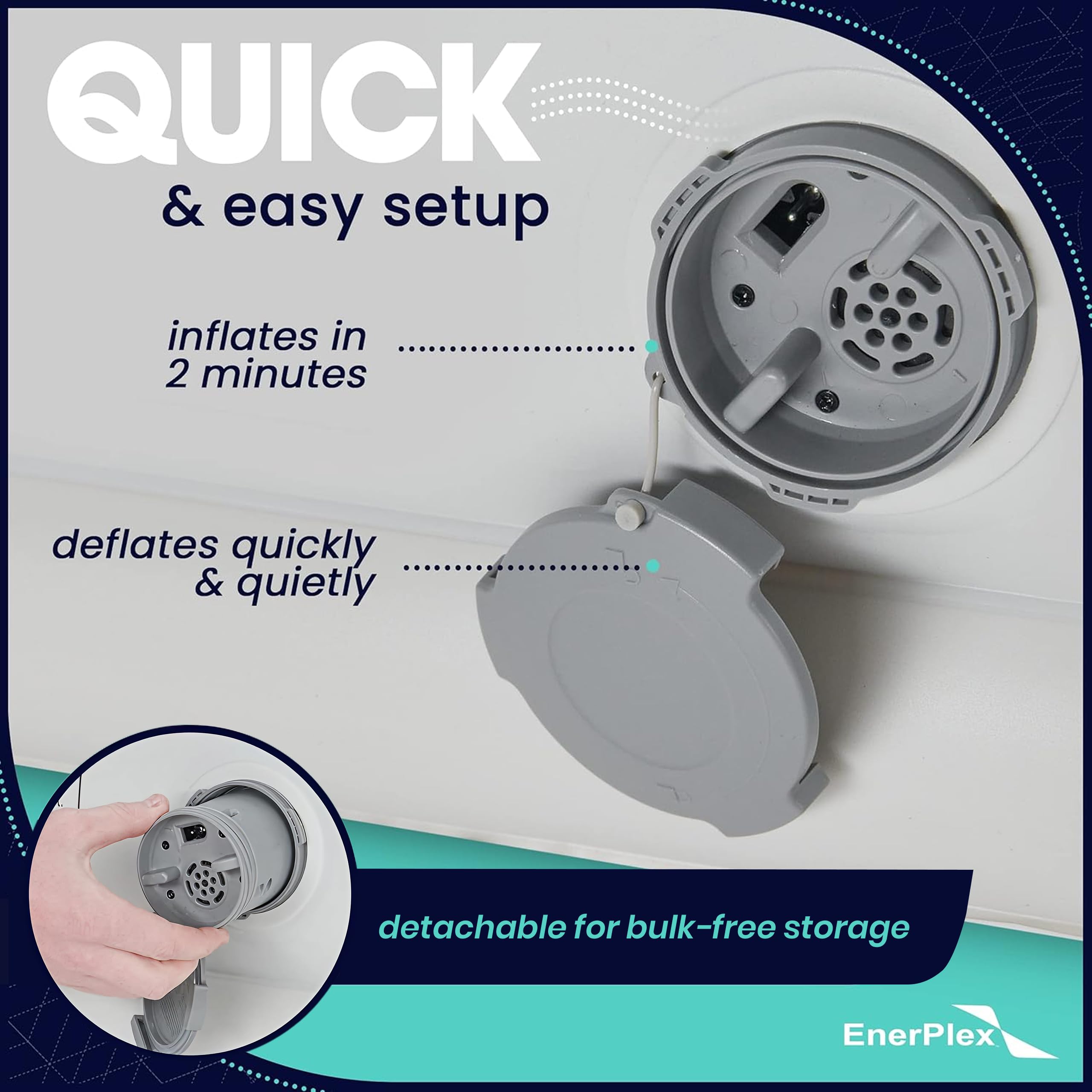 EnerPlex Twin Air Mattress electric pump head demonstrates effortless, hands-free inflation.