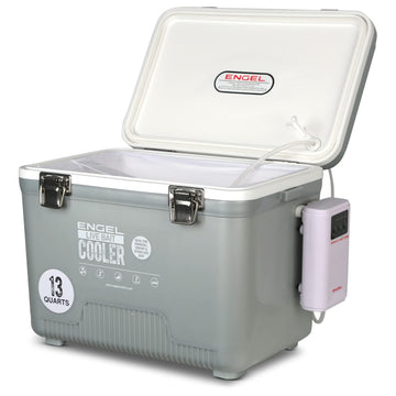 ENGEL 13Qt bait cooler front view shows easy access and bait freshness