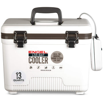 ENGEL 13qt live bait cooler with insulated lid and pull net for easy bait access.