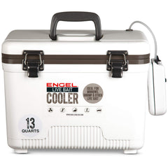 ENGEL 13qt live bait cooler with insulated lid and pull net for easy bait access.