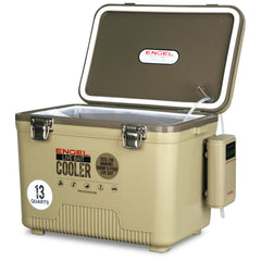 ENGEL 13 Qt live bait cooler tan front view with rugged hinges for durability