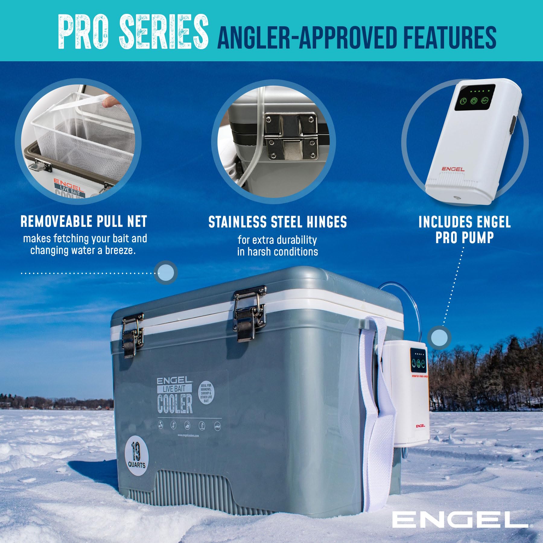 ENGEL 19Qt cooler pro insulation keeps drinks cold and bait stable.