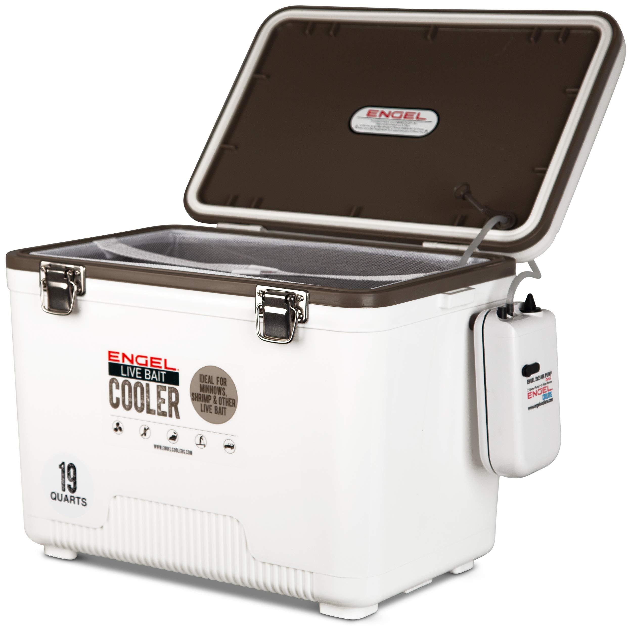 Engel 19qt live bait cooler with aerator keeps minnows lively on boat trips