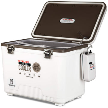 Engel 19qt live bait cooler with aerator keeps minnows lively on boat trips