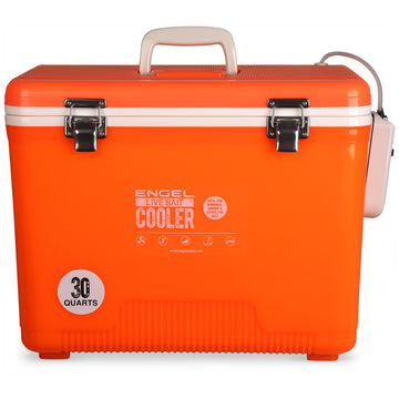 Engel 30qt live bait cooler with aerator pump keeps bait lively on fishing trips.