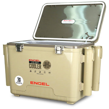 ENGEL 30Qt bait cooler with aerator shows a portable setup for live bait on trips