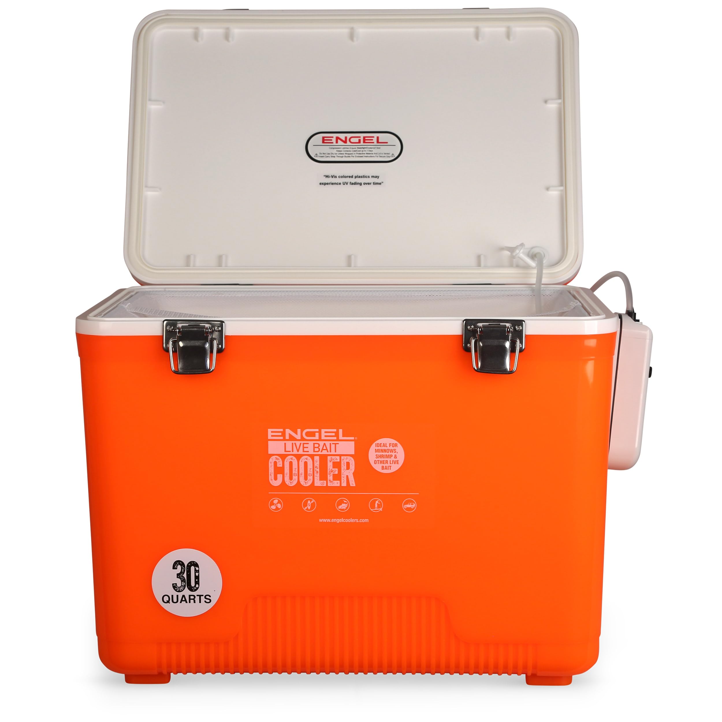 Shoulder strap on Engel bait cooler supports hands-free transport.