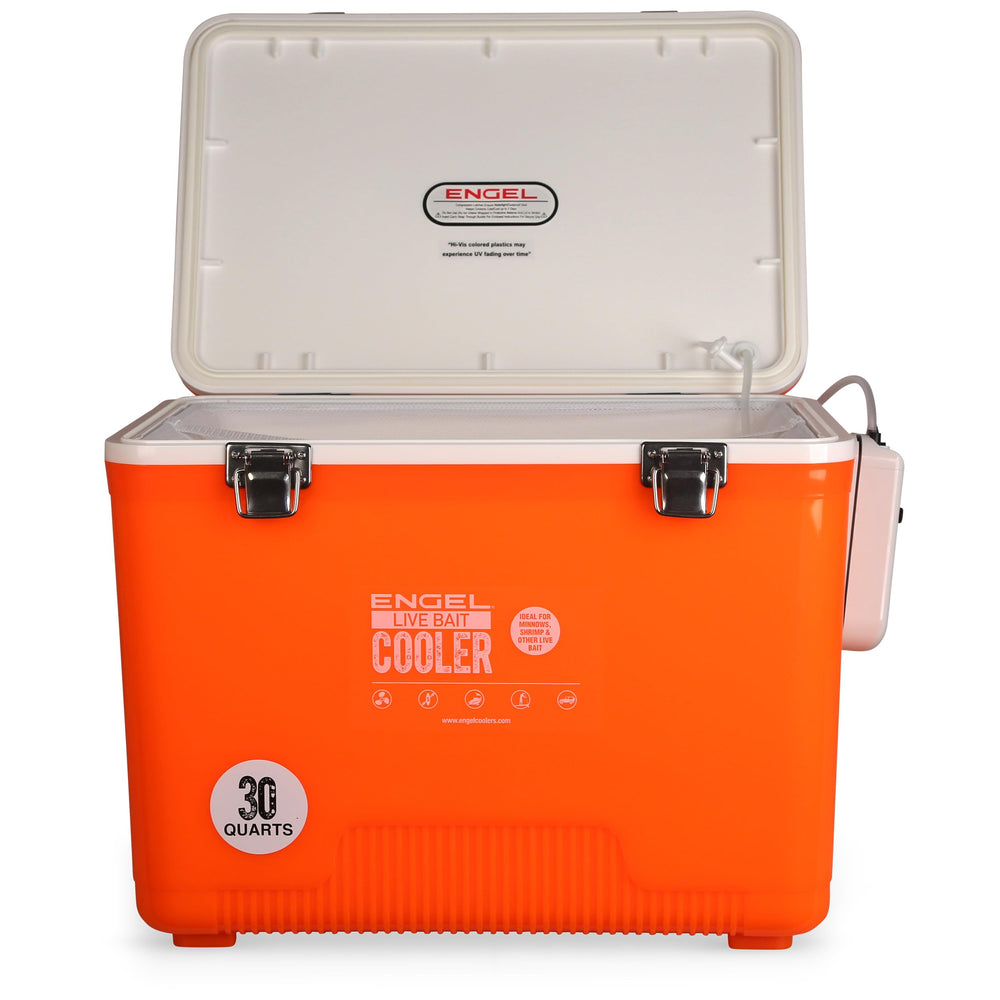 Shoulder strap on Engel bait cooler supports hands-free transport.