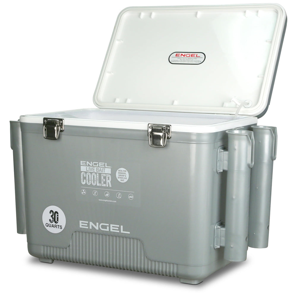 ENGEL 30QT live bait pro front view highlighting rugged stainless hardware for long outdoor use