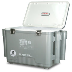 ENGEL 30QT live bait pro front view highlighting rugged stainless hardware for long outdoor use