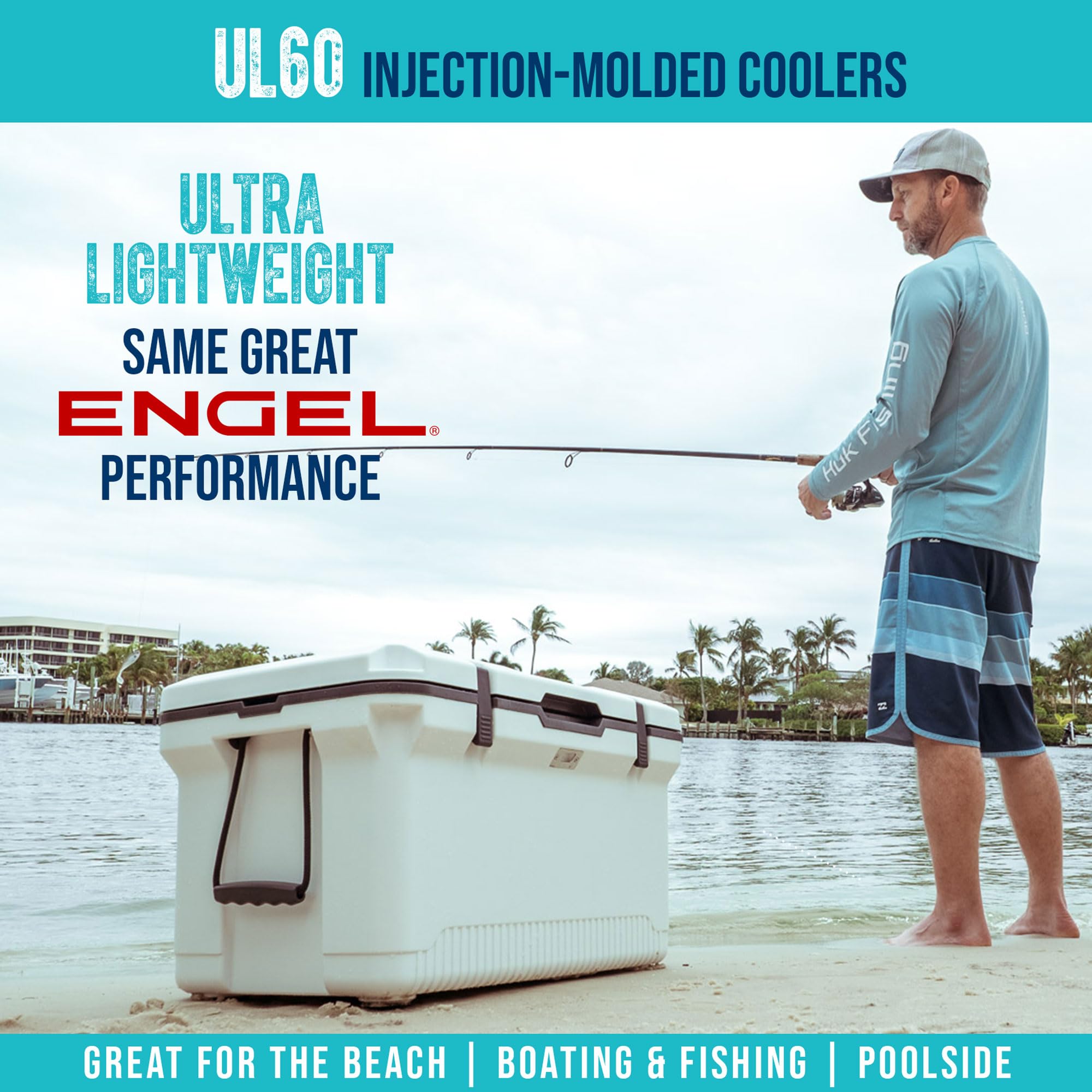 ENGEL 60 qt ultra-light cooler beach-use shows portability for outdoor trips.