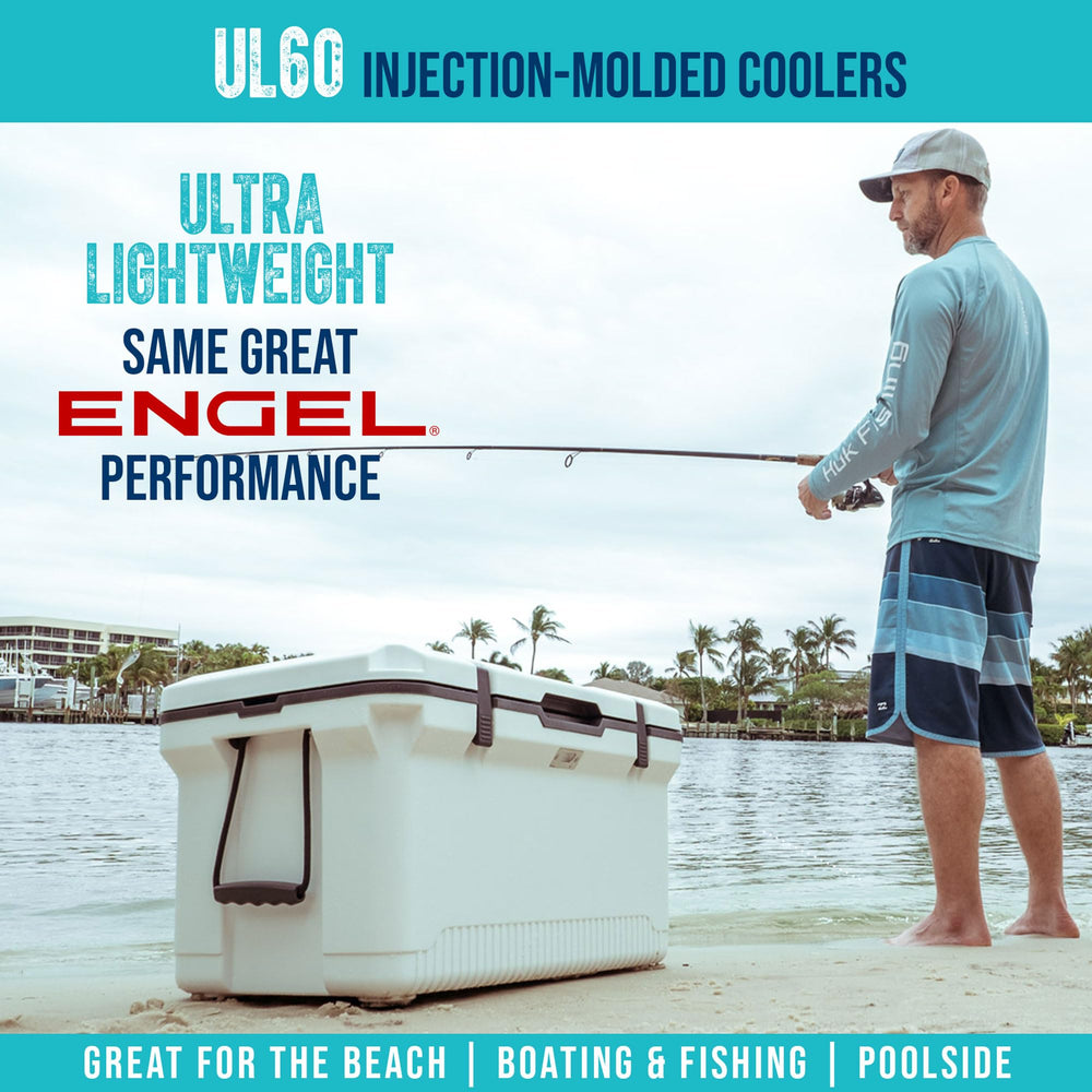 ENGEL 60 qt ultra-light cooler beach-use shows portability for outdoor trips.