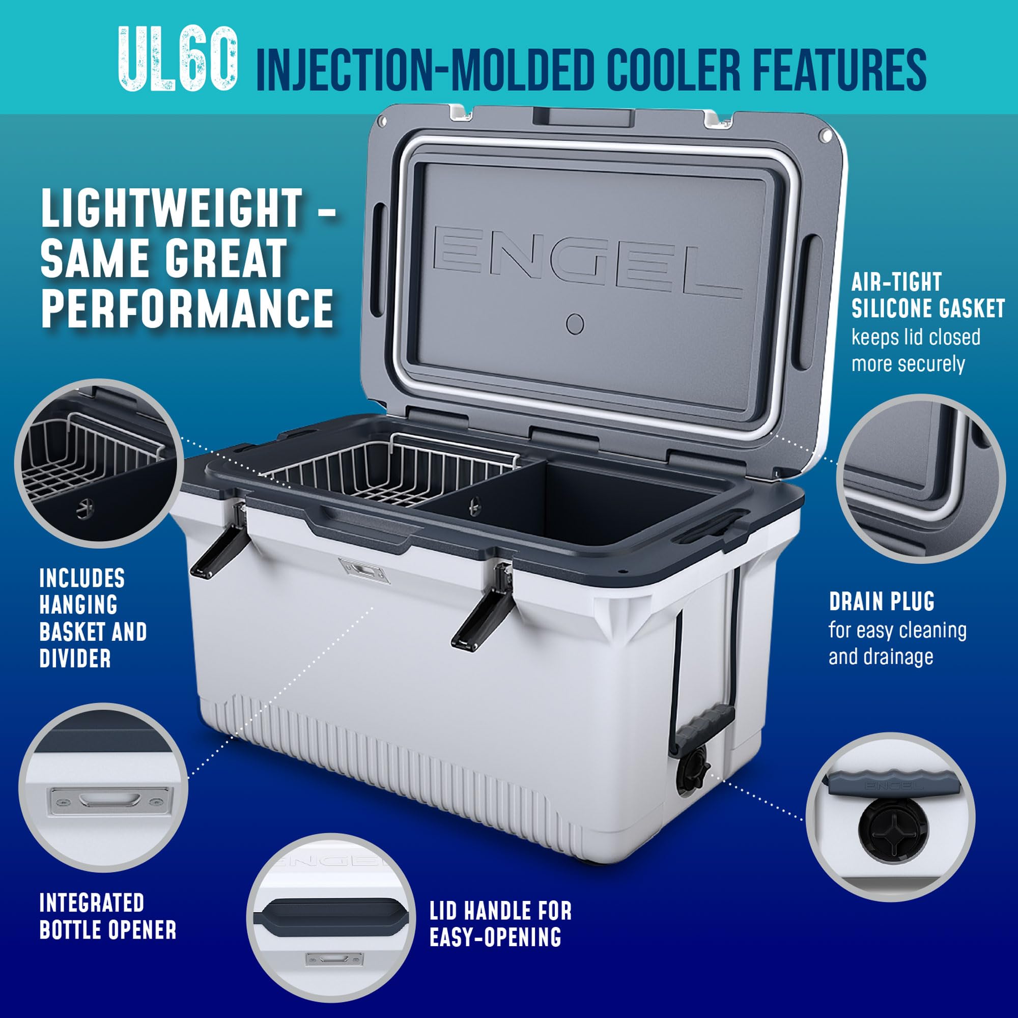 ENGEL 60qt ultra-light cooler built-in-bottle-opener ideal for drinks on the go
